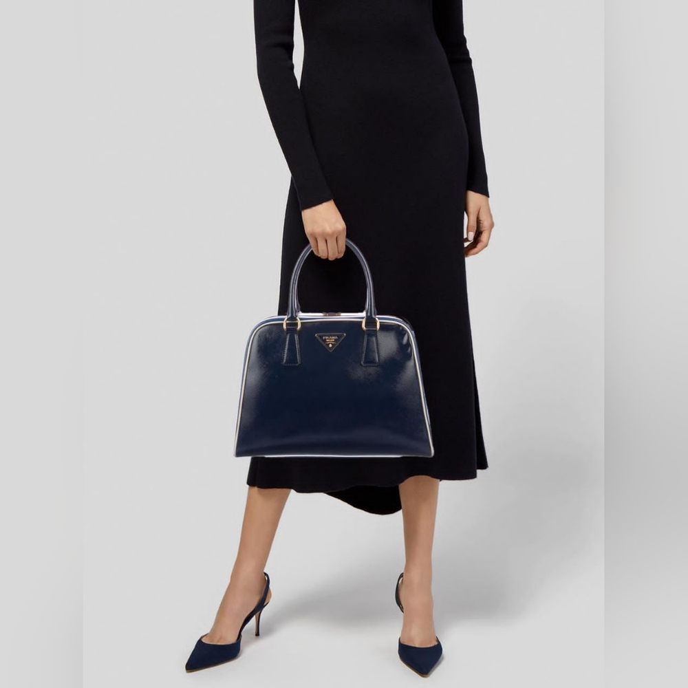 Prada Saffiano Vernice Pyramid Bag Navy Blue - Picture 6 of 15